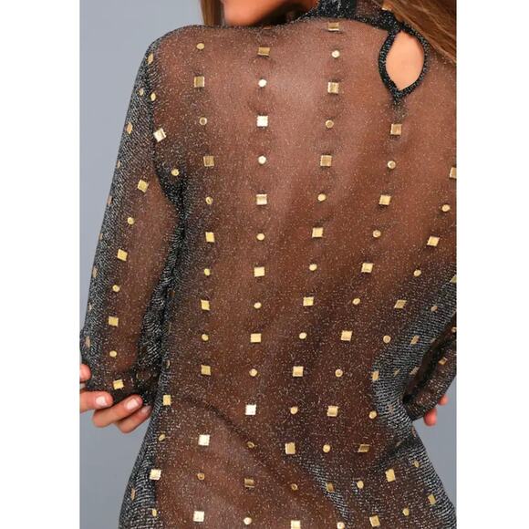Lulus Rooftop Party Black and Gold Print Sheer Mesh Bodysuit Size M - Picture 5 of 10